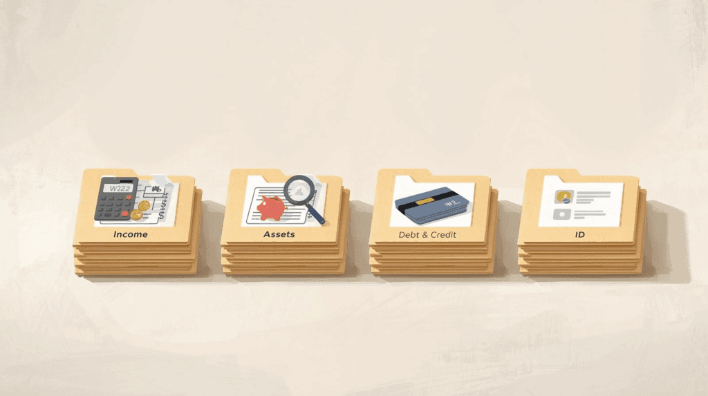 Four neatly stacked folders labeled Income, Assets, Debt & Credit, and ID, representing essential documents for Tulsa home loan pre-approval.