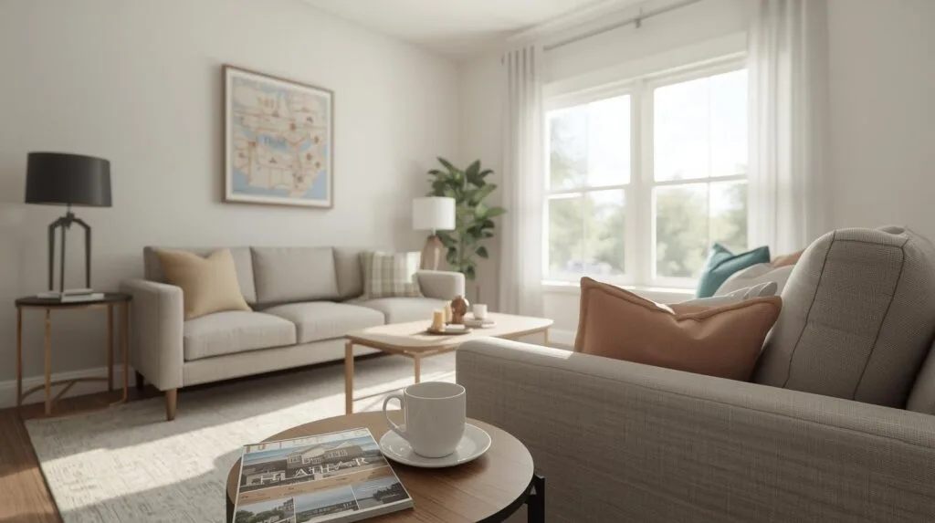 Bright modern living room with neutral decor, large windows, and cozy seating in a Broken Arrow, Oklahoma home.