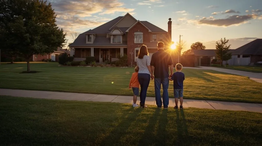 A family standing in front of their Tulsa home at sunset, reflecting on their move while preparing to buy and sell home simultaneously.