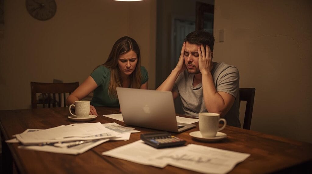 An overwhelmed couple reviewing paperwork at their table while trying to buy and sell home simultaneously.