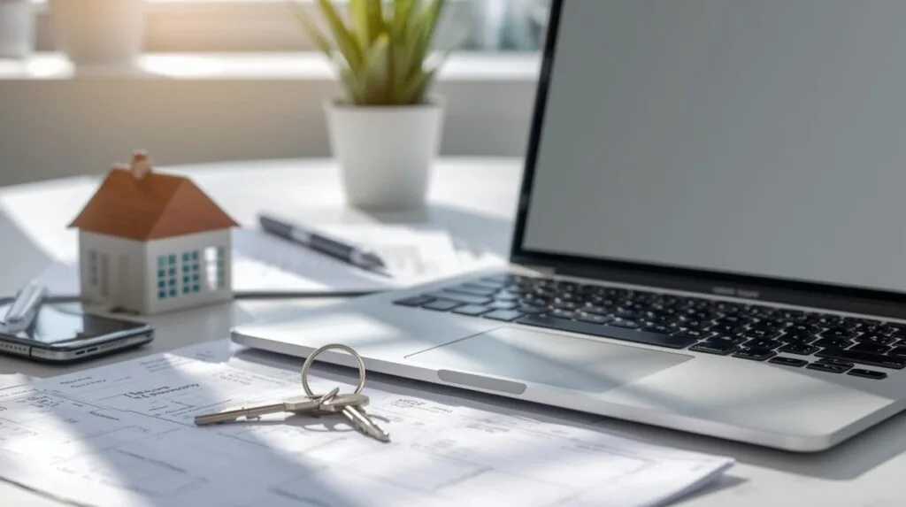 A laptop, house keys, and real estate paperwork on a desk representing the planning process to buy and sell home simultaneously in Tulsa.