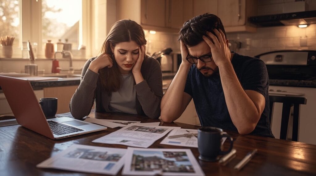 A stressed couple reviewing home sale documents and listings at their kitchen table while trying to buy and sell home simultaneously in Tulsa.