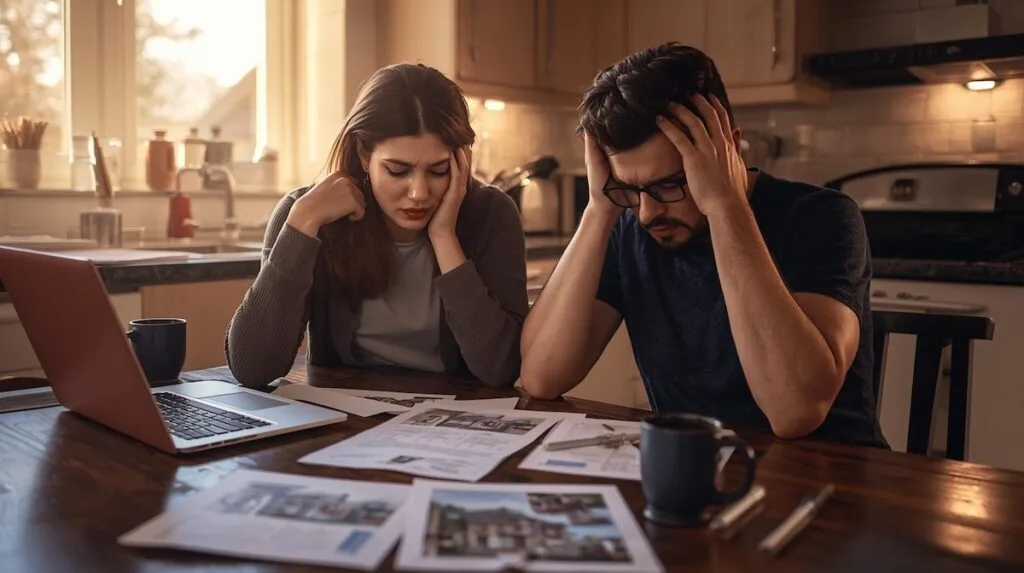 A stressed couple reviewing home sale documents and listings at their kitchen table while trying to buy and sell home simultaneously in Tulsa.