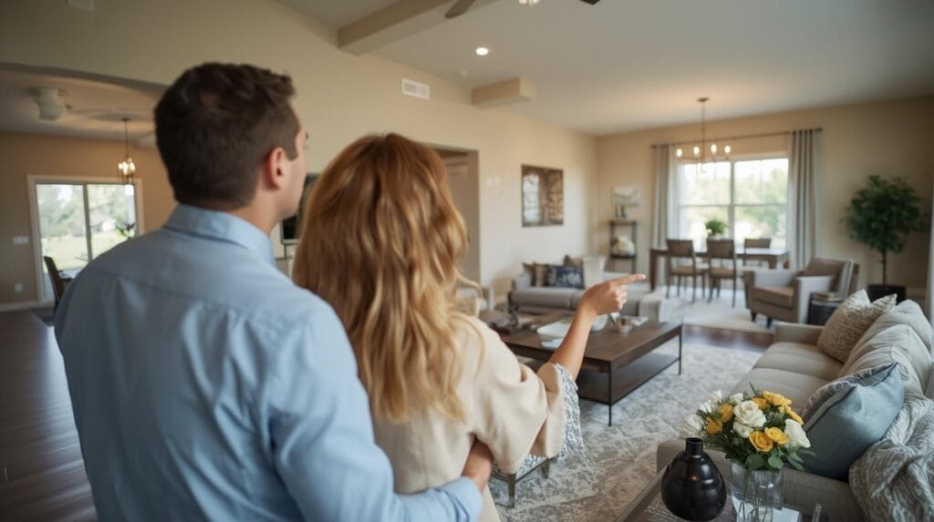 A couple touring a staged living room in a Tulsa home while planning to buy and sell home simultaneously.