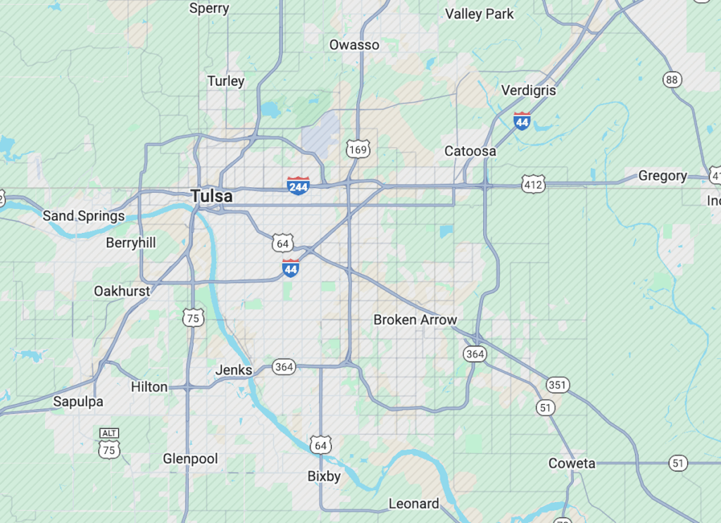 A map of the Tulsa metro area showing surrounding cities and suburbs where homeowners buy and sell home simultaneously.