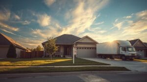 A Tulsa suburban home at sunset with a moving truck and a yard sign, representing how to buy and sell home simultaneously during a transition.
