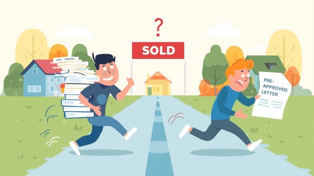 Illustration of two homebuyers racing toward a house with a “SOLD” sign — one struggling with a stack of papers and the other holding a pre-approval letter, symbolizing the advantage of mortgage pre-approval in Tulsa’s competitive housing market.