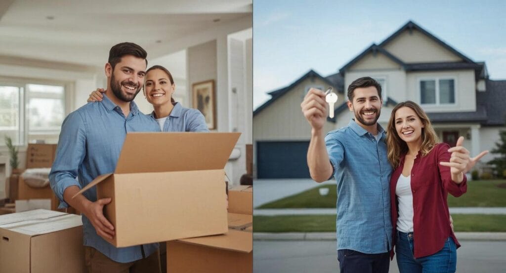 Smiling couple moving into their new home in Broken Arrow, Oklahoma, holding house keys and unpacking boxes.