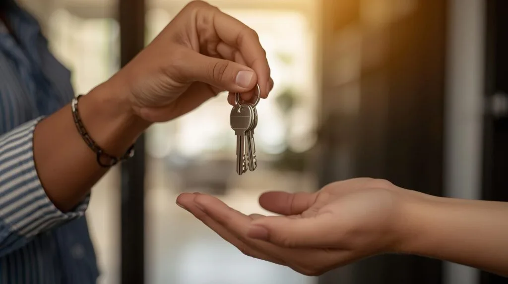 Close-up of a real estate agent handing house keys to new homeowner in Broken Arrow, Oklahoma.