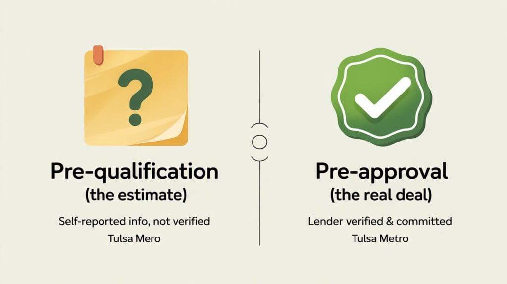 Infographic comparing mortgage pre-qualification versus pre-approval for Tulsa homebuyers. Left side shows a question mark icon for pre-qualification with the note “self-reported info, not verified,” while the right side shows a green checkmark for pre-approval labeled “lender verified and committed.”