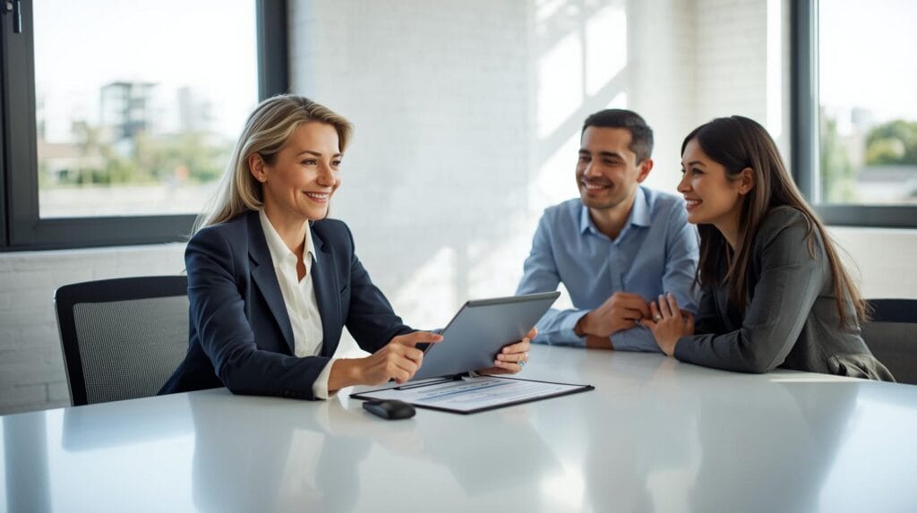 Professional real estate agent meeting with homebuyers in a modern office in Broken Arrow, Oklahoma.