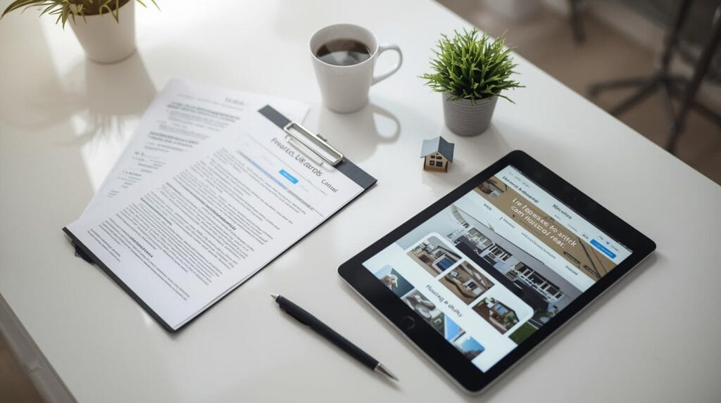 Modern real estate workspace with home listing documents, digital tablet, and coffee cup on a white desk in Broken Arrow, Oklahoma for a First time homebuyer