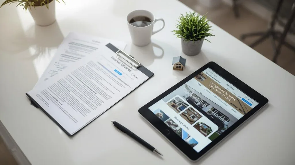 Modern real estate workspace with home listing documents, digital tablet, and coffee cup on a white desk in Broken Arrow, Oklahoma for a First time homebuyer