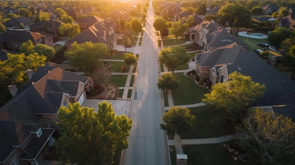 Aerial view of South Tulsa homes for sale at sunset with tree-lined streets and brick houses.