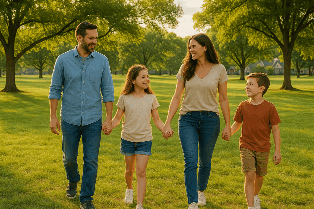 Family walking in a South Tulsa park near homes for sale.