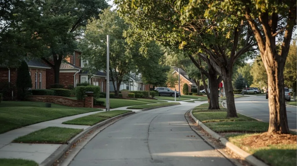 South Tulsa neighborhood with brick homes for sale and manicured lawns.