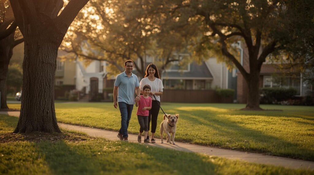 Family walking dog in a Tulsa neighborhood park at sunset.
