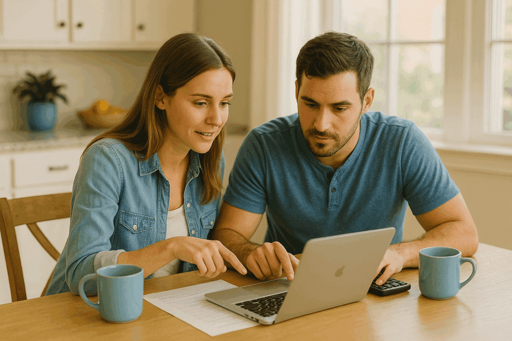 Couple reviewing a home affordability calculator on a laptop in a Tulsa home kitchen. how much house can I afford in Tulsa