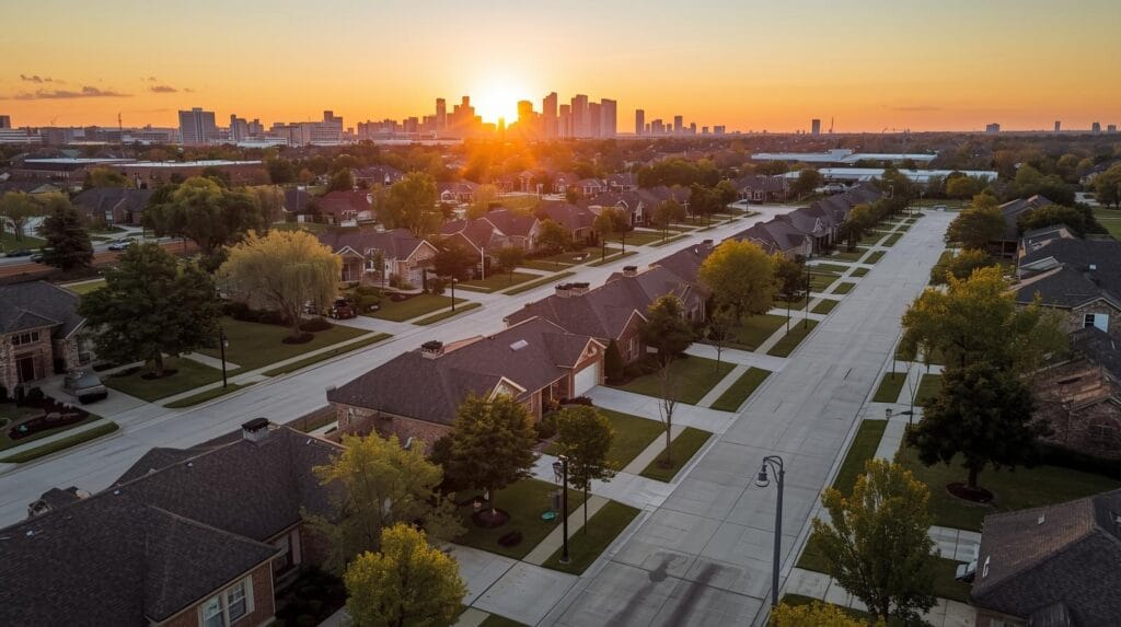 Aerial view of suburban homes near Tulsa with downtown skyline in the background at sunset.