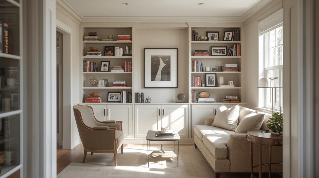Bright and inviting Tulsa living room with built-in bookshelves, cozy seating, and natural light — showcasing warm, modern home design.