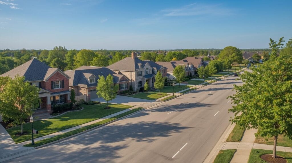 Suburban Tulsa neighborhood with brick and stone homes under a sunny sky.