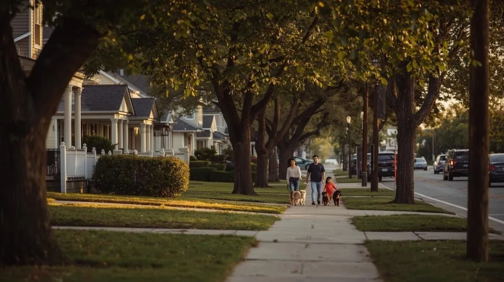 A peaceful Tulsa neighborhood street at golden hour with families walking dogs along a tree-lined sidewalk, illustrating the lifestyle appeal when preparing your home for sale in Tulsa.