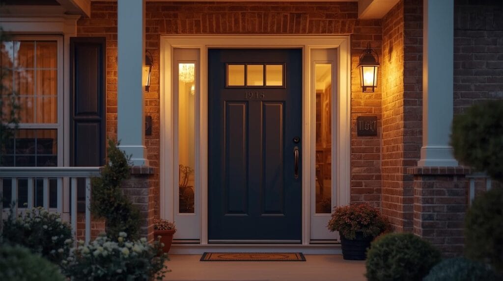 A warmly lit Tulsa front porch with a blue front door, modern lantern lights, and simple potted plants, showing strong curb appeal when preparing your home for sale in Tulsa.