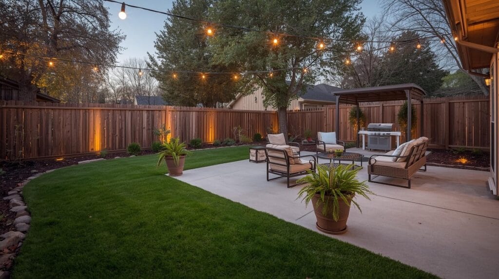 A beautifully staged Tulsa backyard with string lights, clean landscaping, and inviting outdoor seating, showing how outdoor living enhances preparing your home for sale in Tulsa.