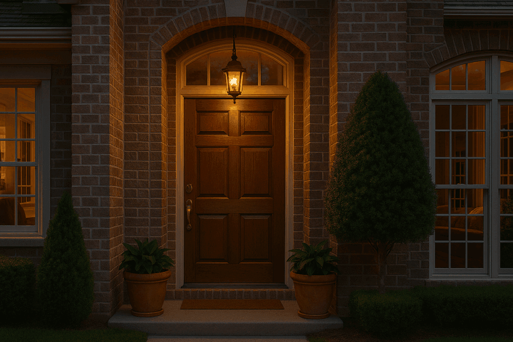 Luxury Tulsa home entryway with warm evening light, brick exterior, and elegant front door design for Buy in Tulsa page.