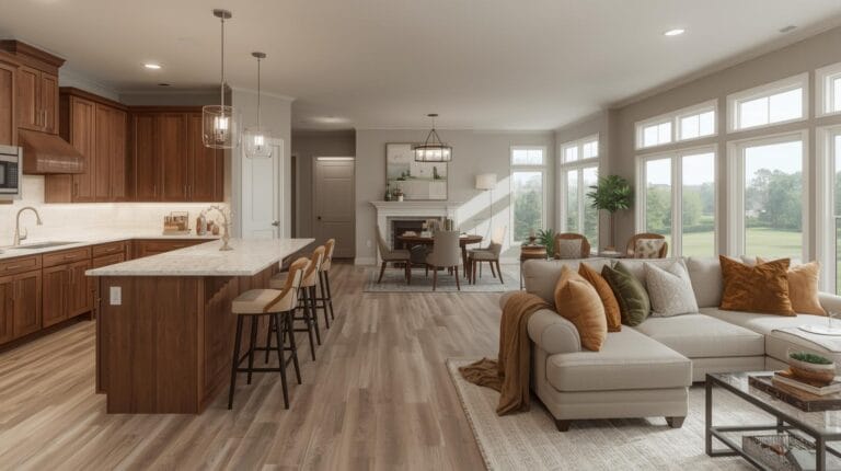 Spacious open-concept great room with luxury kitchen, warm brown cabinetry, quartz countertops, and neutral furniture with olive and rust pillows for downsizing in Tulsa.