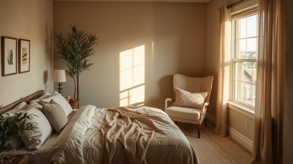 Cozy guest bedroom in a smaller Tulsa home designed for downsizing Tulsa living