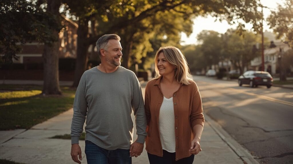Empty nester couple walking together through a quiet Tulsa neighborhood representing downsizing Tulsa lifestyle
