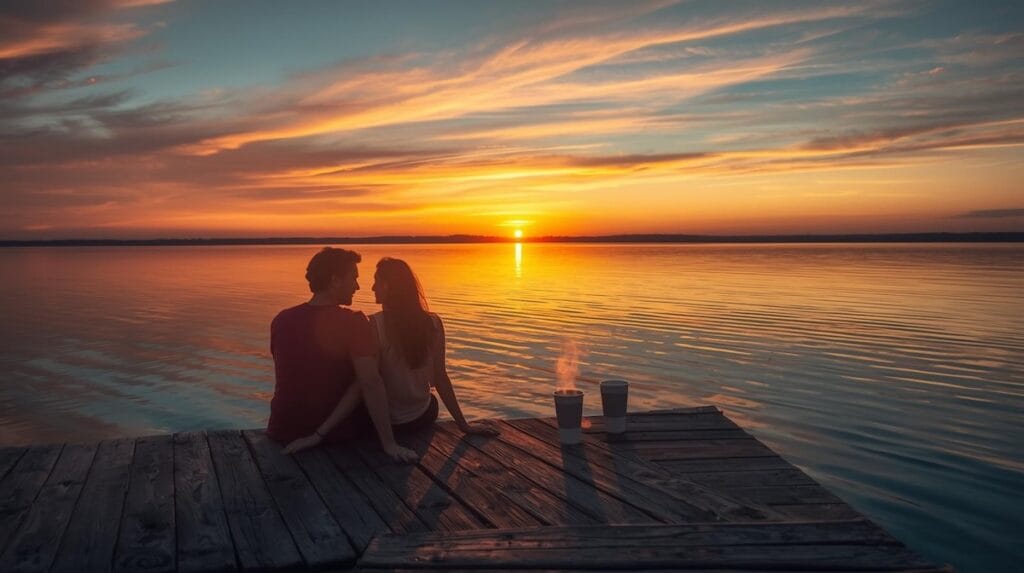 Couple sitting on a dock at sunset near an Oklahoma lake representing downsizing Tulsa freedom and lifestyle