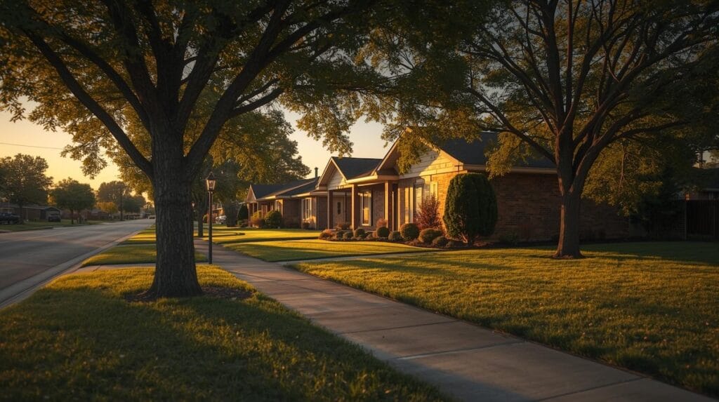 Tree-lined suburban street with single-story homes in Broken Arrow, Oklahoma representing downsizing Tulsa lifestyle