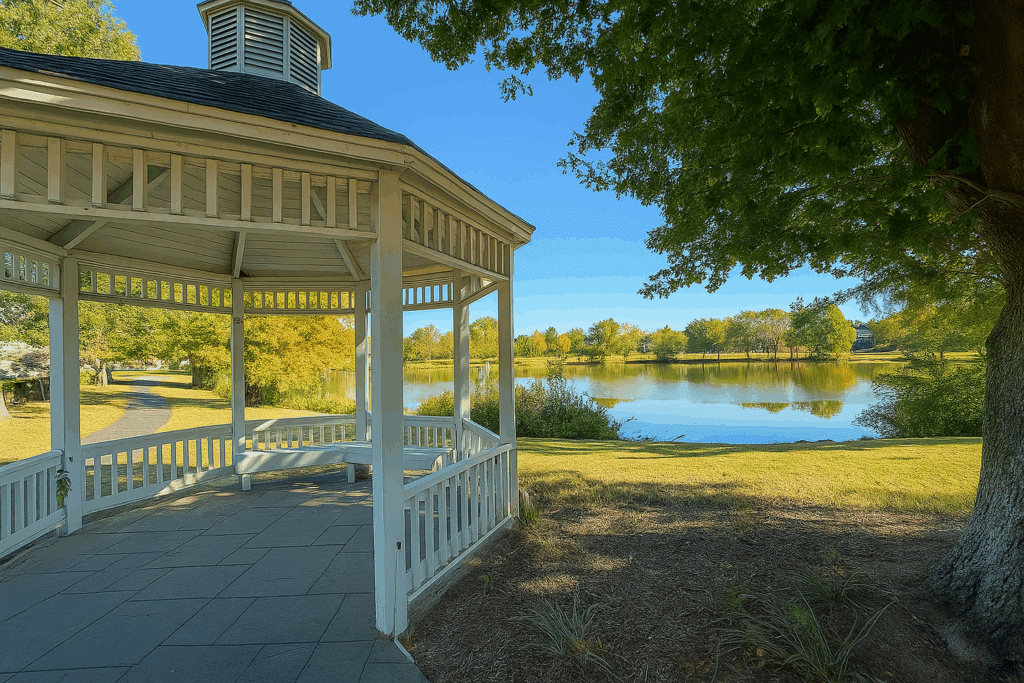 Gazebo overlooking a peaceful pond surrounded by trees and walking trails in the Forest Ridge neighborhood of Broken Arrow, Oklahoma.