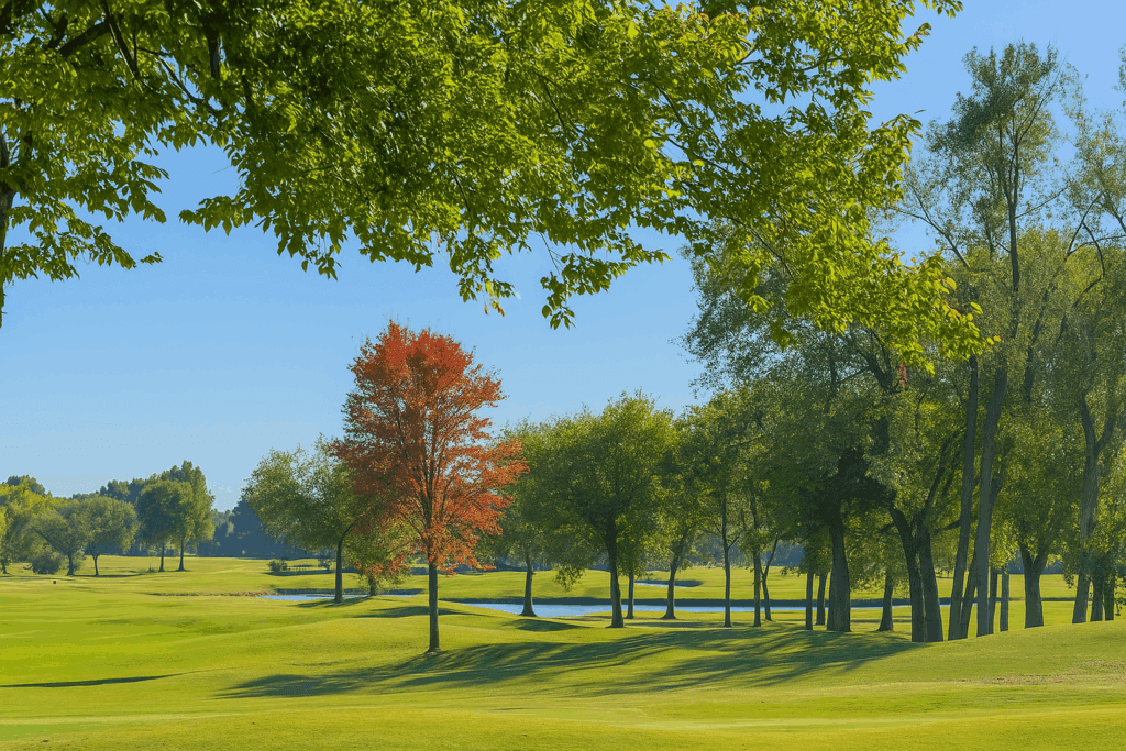 Scenic view of Forest Ridge Golf Course in Broken Arrow, Oklahoma, with green fairways, mature trees, and a pond under a clear blue sky.