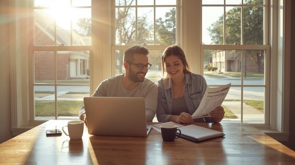 Couple reviewing home buying paperwork and a mortgage calculator at a kitchen table before making offer on house Tulsa.
