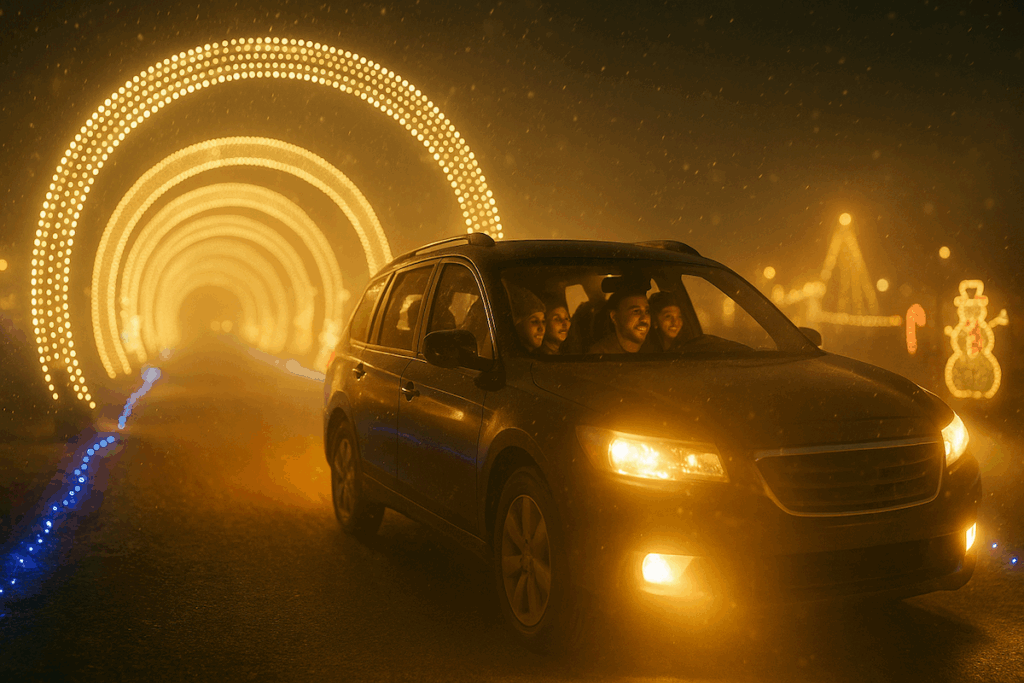 Family driving through a glowing Christmas light tunnel at Jolly Lane Lights Tulsa with warm golden lights and atmospheric haze.