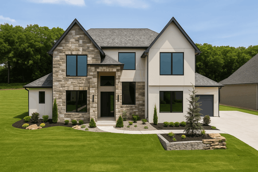 Modern two-story South Tulsa home with stone and stucco exterior, manicured lawn, and three-car garage