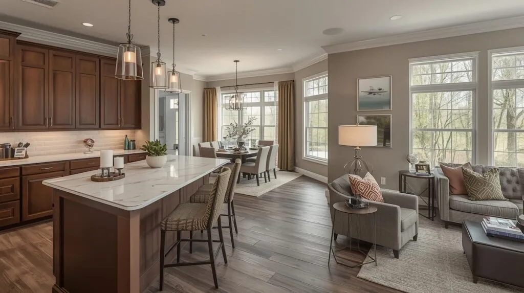 A bright, staged open-concept kitchen and living room in a Tulsa home, featuring neutral décor, clean counters, and modern lighting—showcasing key steps in preparing your home for sale in Tulsa.