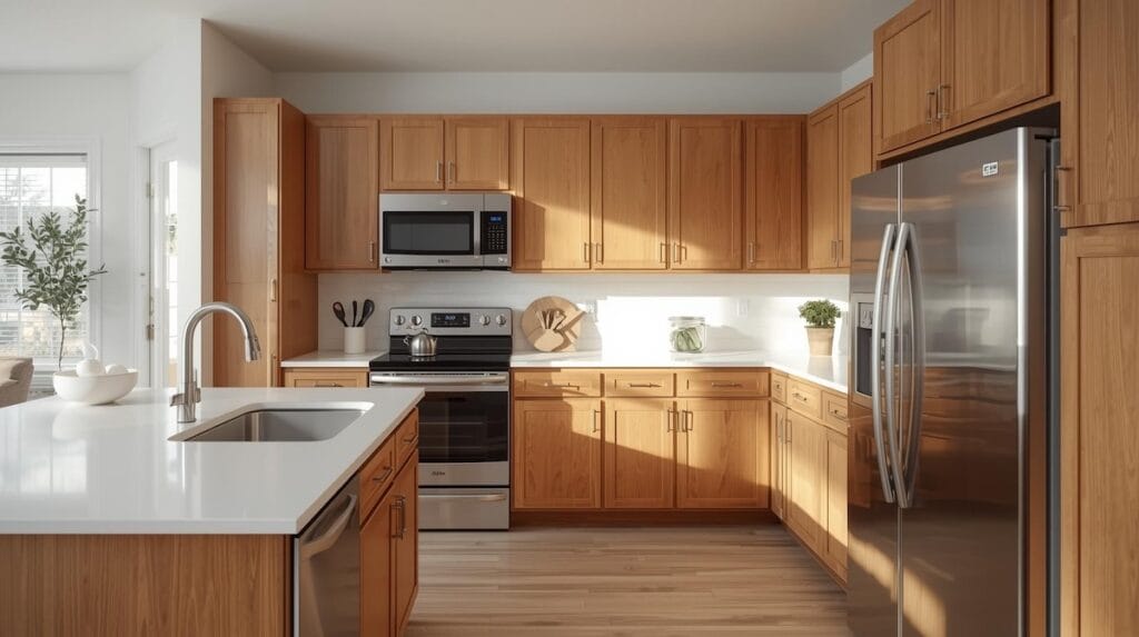 A bright, clean kitchen in a Tulsa home with warm wood cabinets, stainless appliances, and decluttered countertops, showing staging and updates when preparing your home for sale in Tulsa