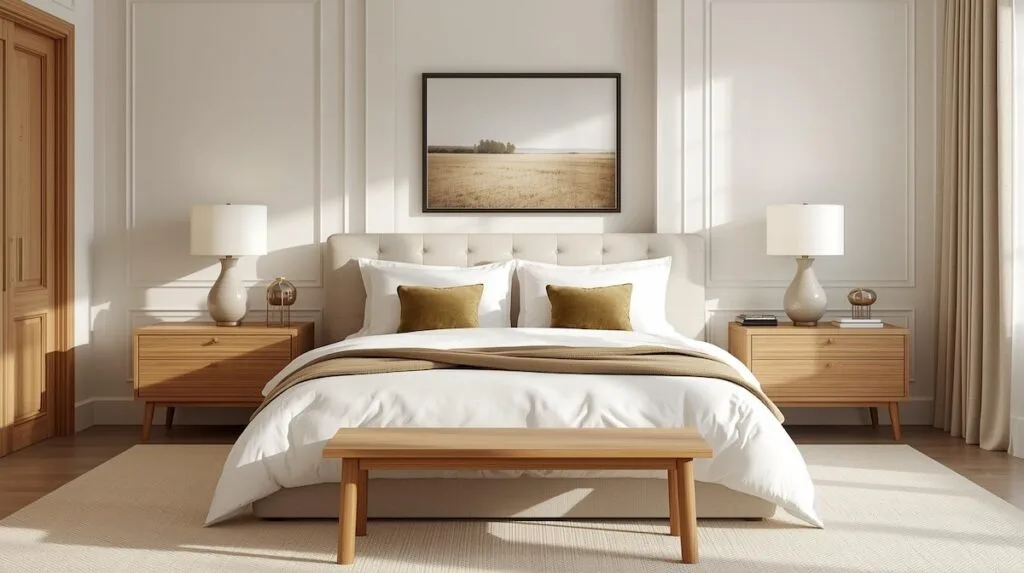 A bright, neutral primary bedroom with clean staging, soft bedding, and simple décor, demonstrating effective staging techniques when preparing your home for sale in Tulsa.