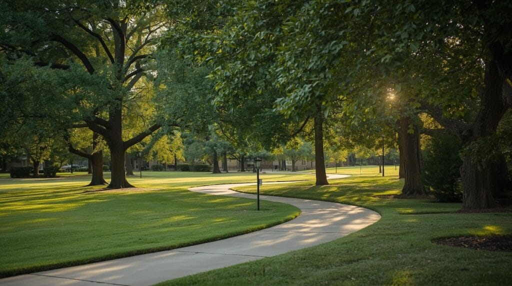 Peaceful Tulsa green space with mature trees and a winding walkway, reflecting the community feel of Relocation and Moving to Tulsa.