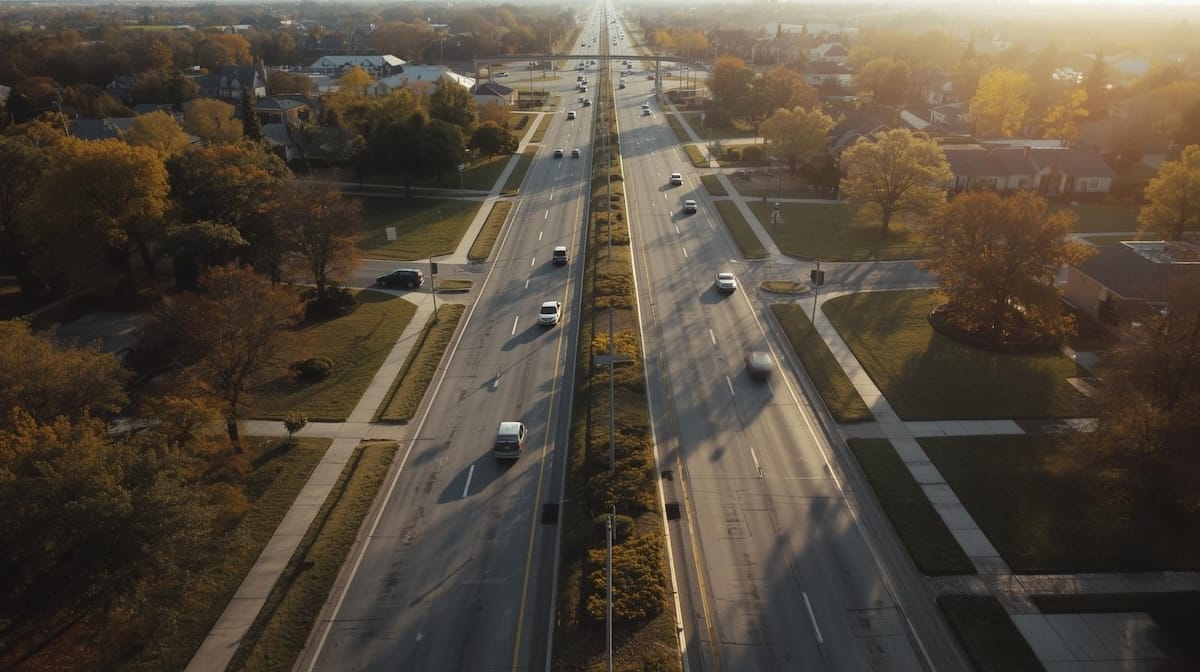 Aerial view of a clean Tulsa roadway with light traffic and surrounding neighborhoods, illustrating easy commutes for Relocation and Moving to Tulsa.