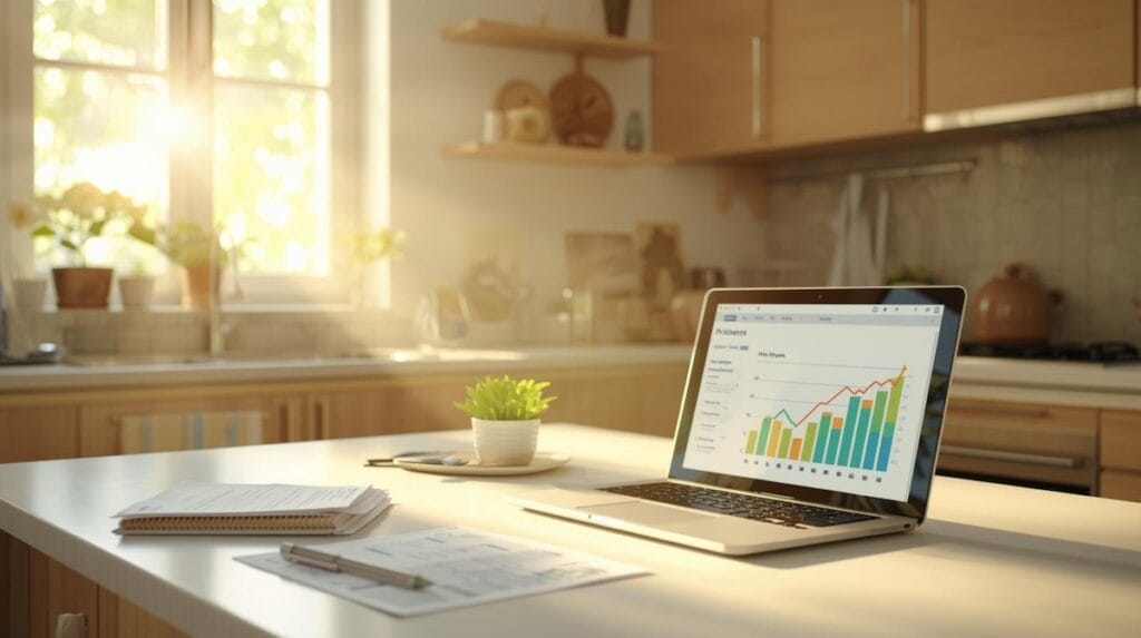 Warm kitchen scene with a laptop displaying financial charts, illustrating cost considerations for Relocation and Moving to Tulsa.