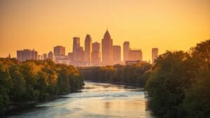 Warm sunset skyline overlooking a river with surrounding trees, illustrating the feel of Relocation and Moving to Tulsa.