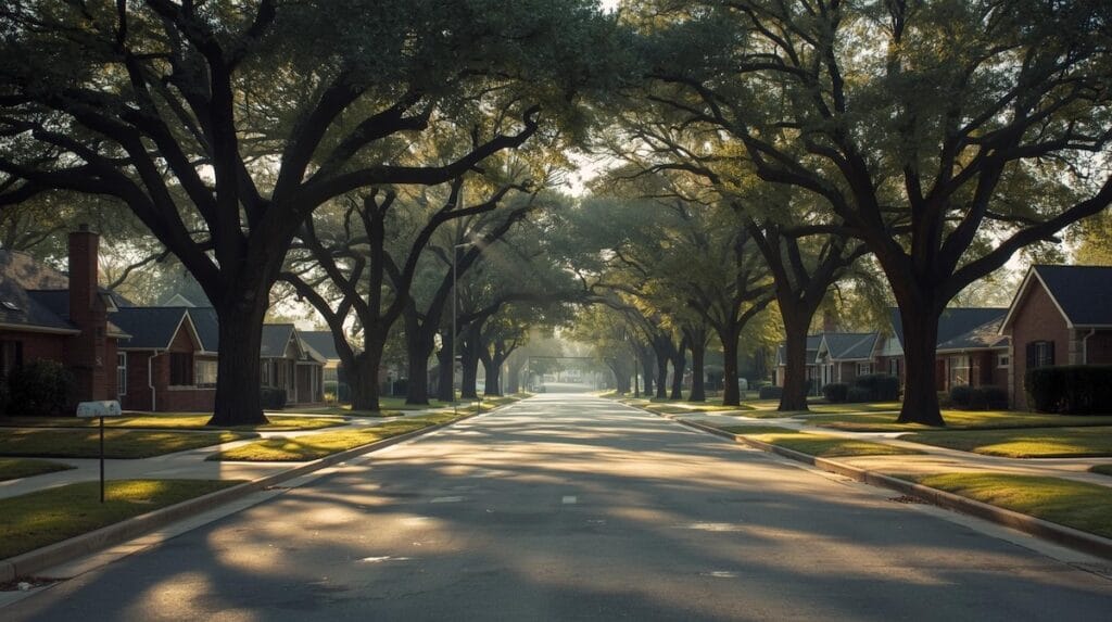 Peaceful tree-lined neighborhood street with brick homes, representing residential life for Relocation and Moving to Tulsa.
