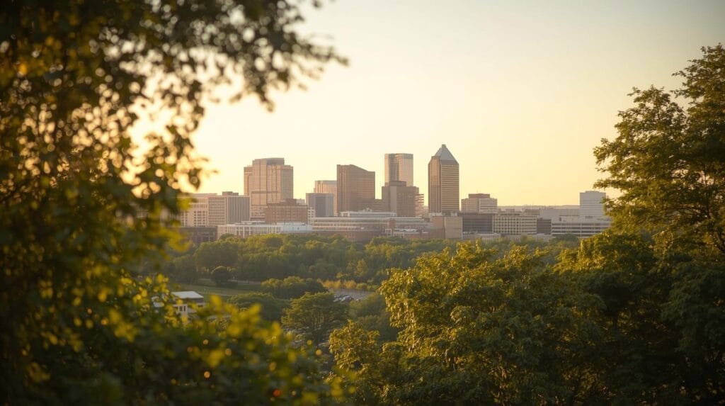 A warm sunset view of the Tulsa skyline framed by trees, representing the appeal of Relocation and Moving to Tulsa.