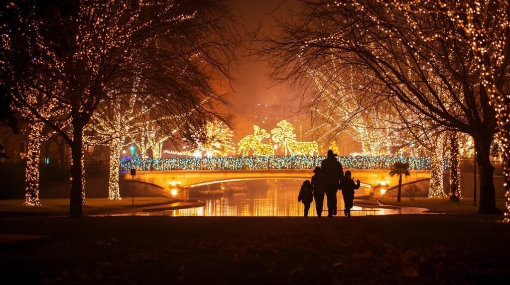 A family walking under glowing holiday lights at Rhema Christmas Lights in Broken Arrow.