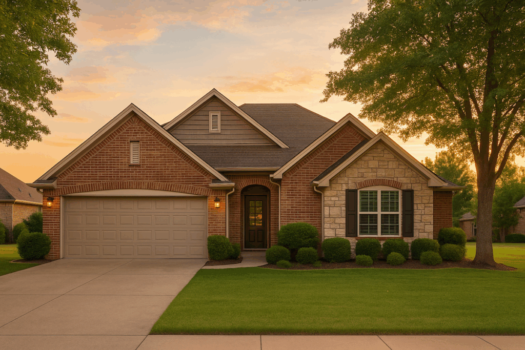 A well-maintained suburban home in the Tulsa metro area at sunset, used as a Sell in Tulsa hero image.